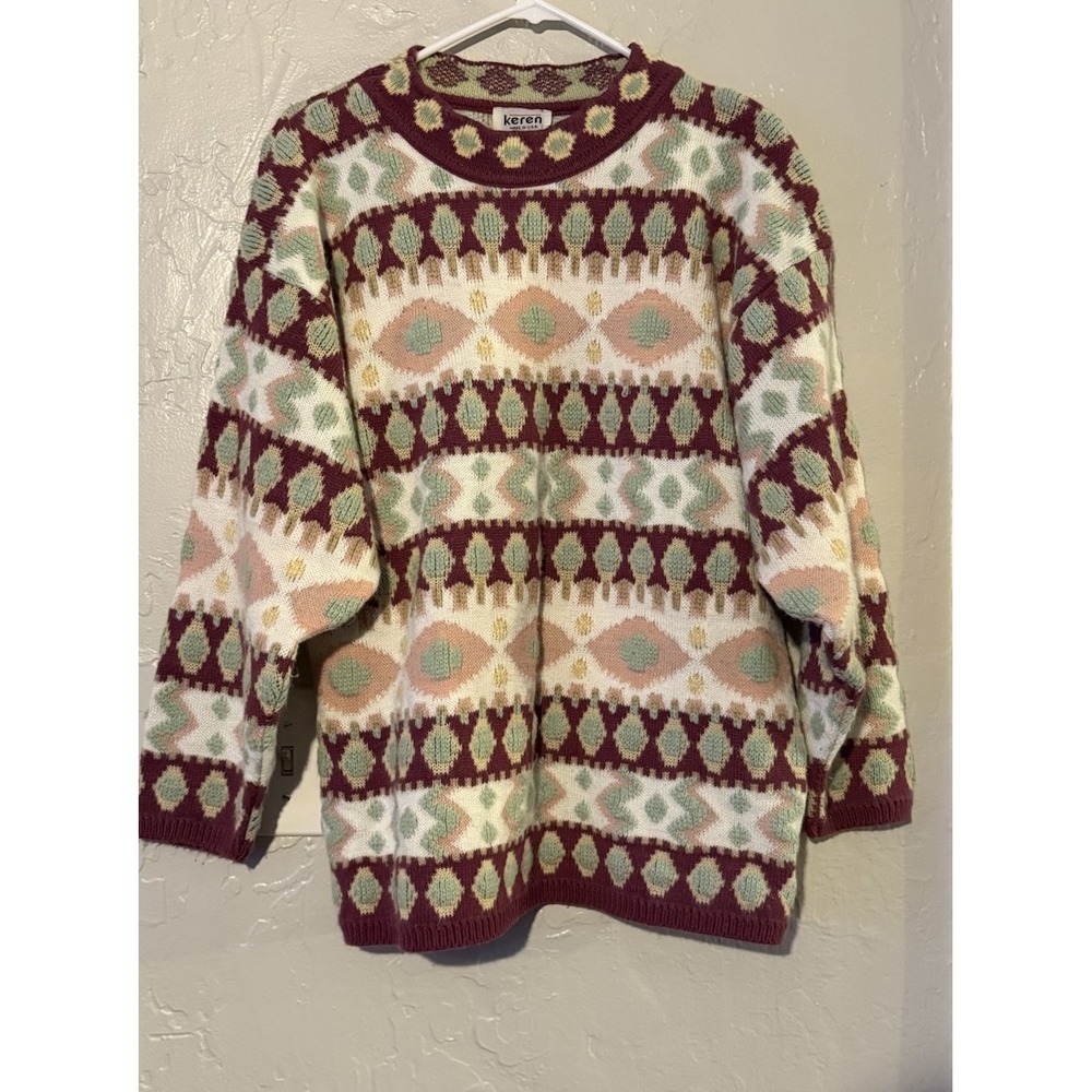 Vintage Keren Geometric Knit Sweater – USA Made 80s/90s Pullover Size Medium